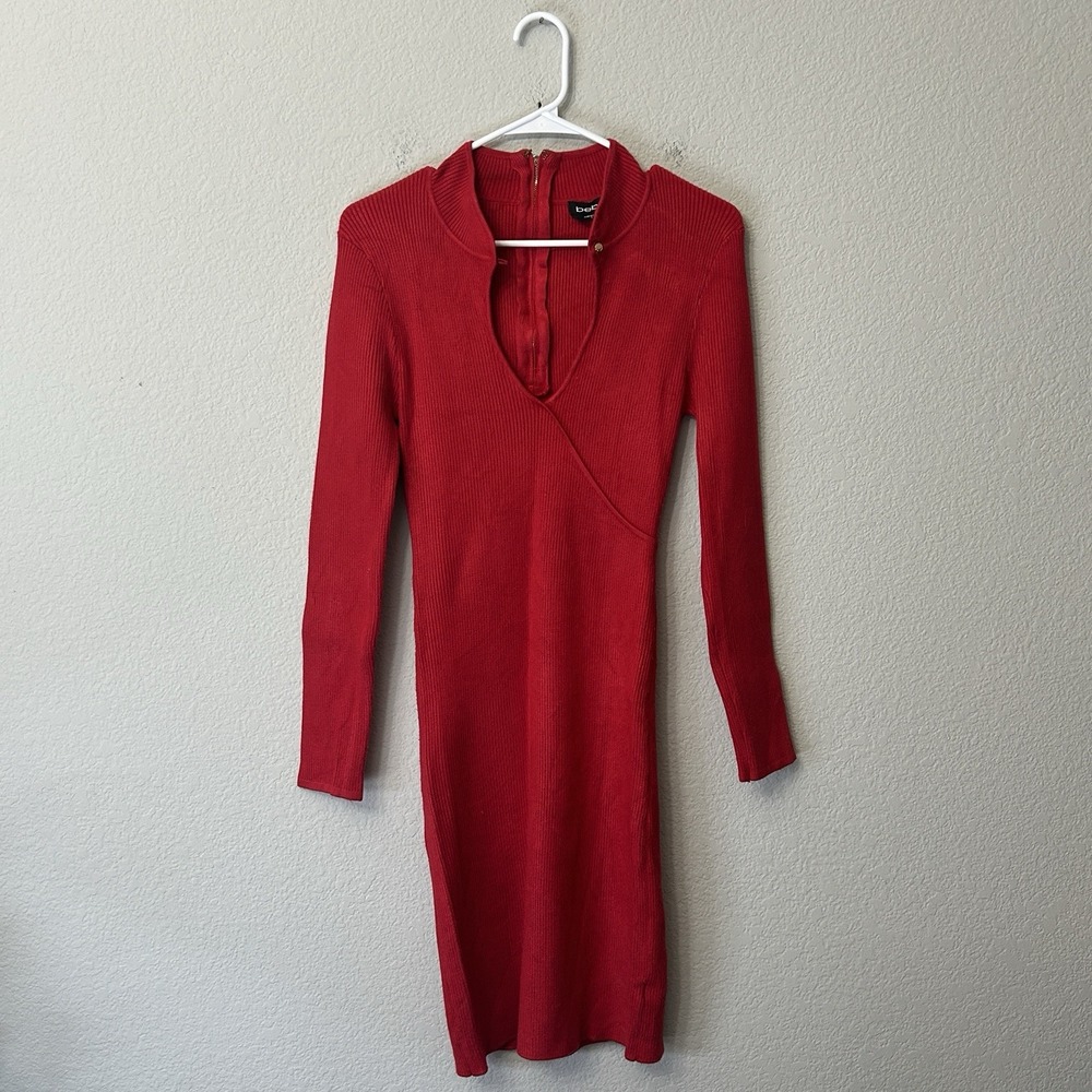 Bebe Red Long Sleeve Ribbed V Neck Sweater Dress Women's Size Small S